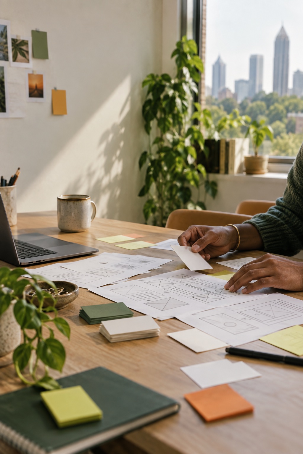 UX researcher reviewing website feedback and wireframe notes