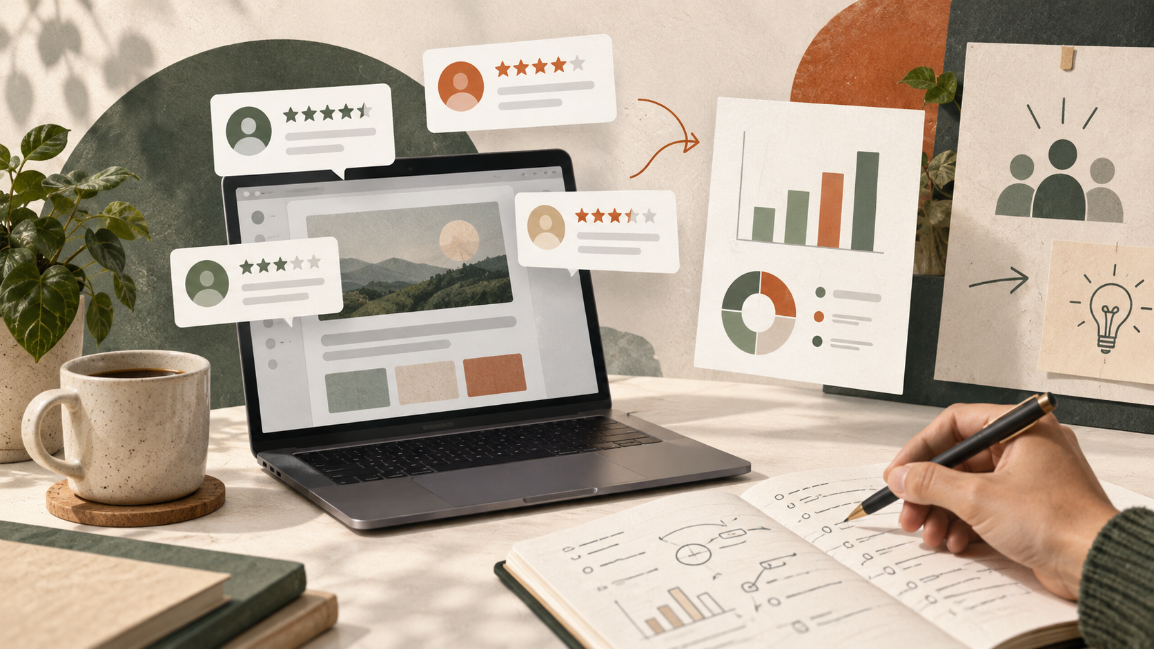 UX feedback survey responses and research notes on a desk